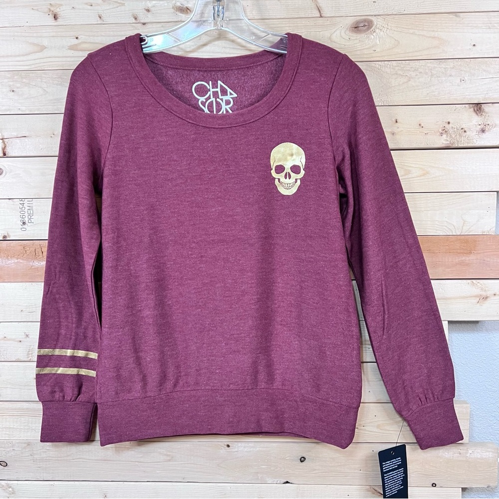 Chaser Women’s Crewneck Gold Skull Print Long Sleeve Knit Sweater top Size XS